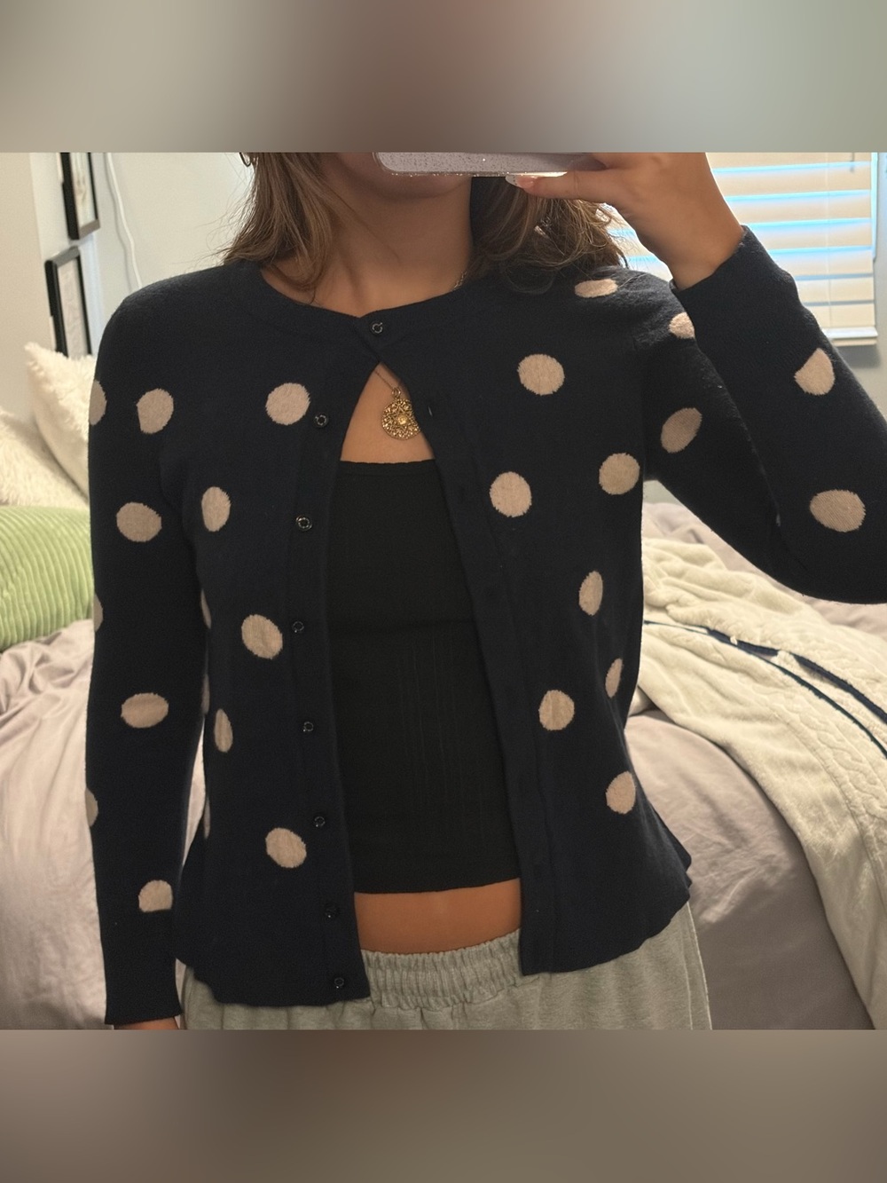 Kate Spade navy blue polka dot knit cardigan